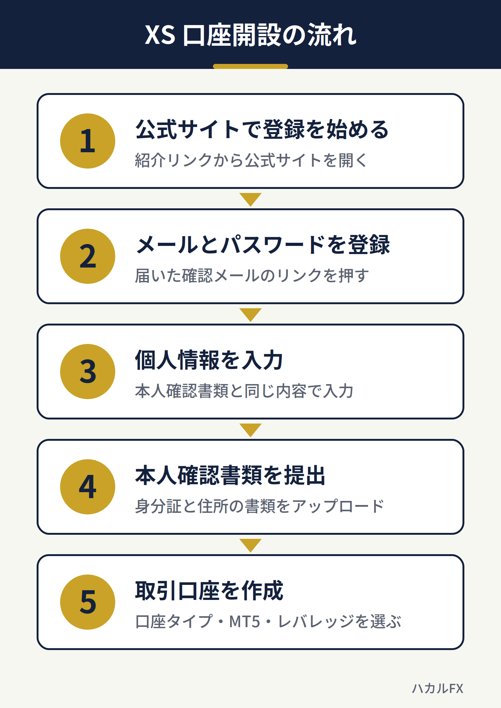 XS口座開設の流れ（登録開始・メールとパスワード登録・個人情報入力・本人確認書類の提出・取引口座の作成）
